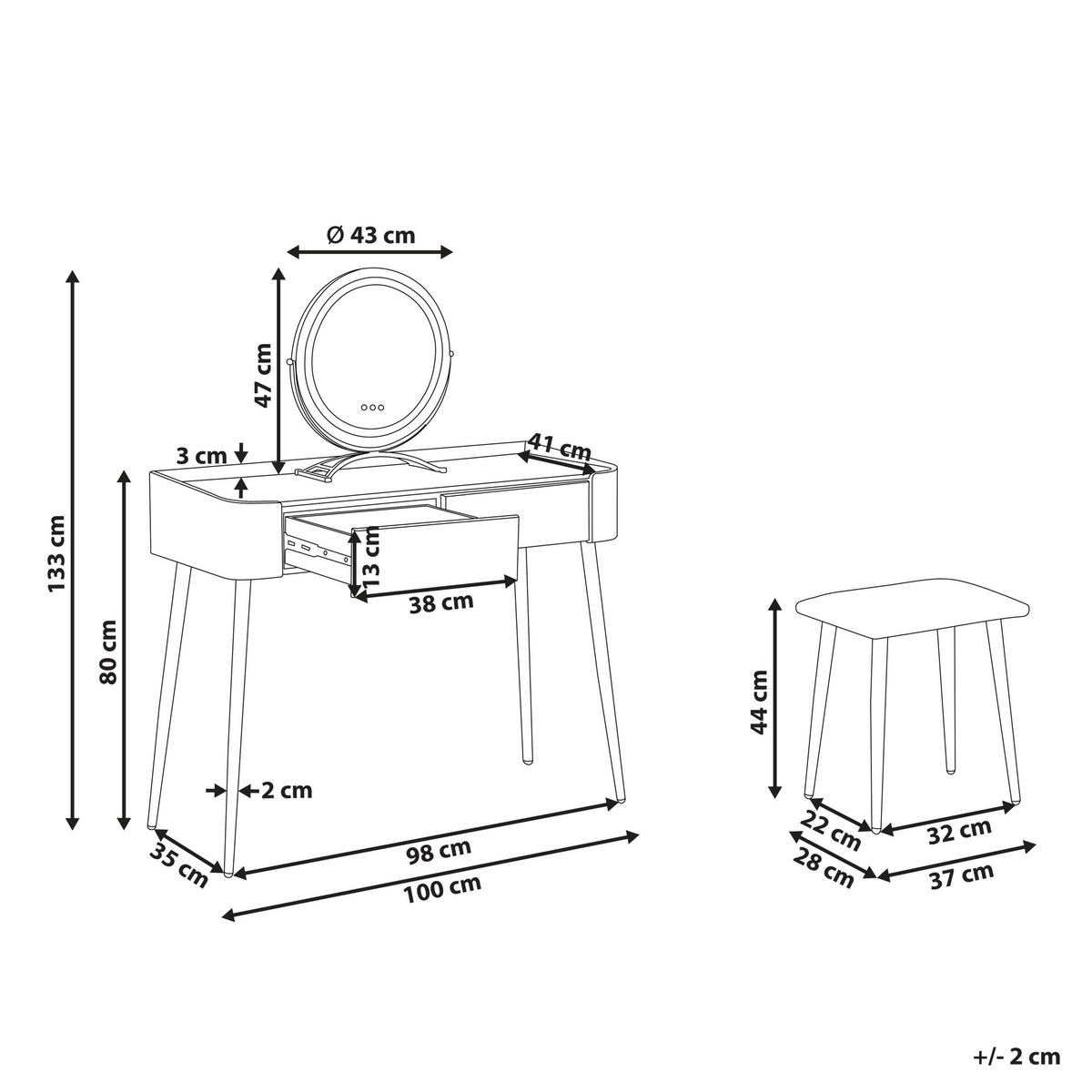 SCHMINKTISCH mit rundem LED-Spiegel Hocker 2 Schubladen grau/gold Surin - Goldfarben/Weiß, Holzwerkstoff (100/133/41cm) - Beliani