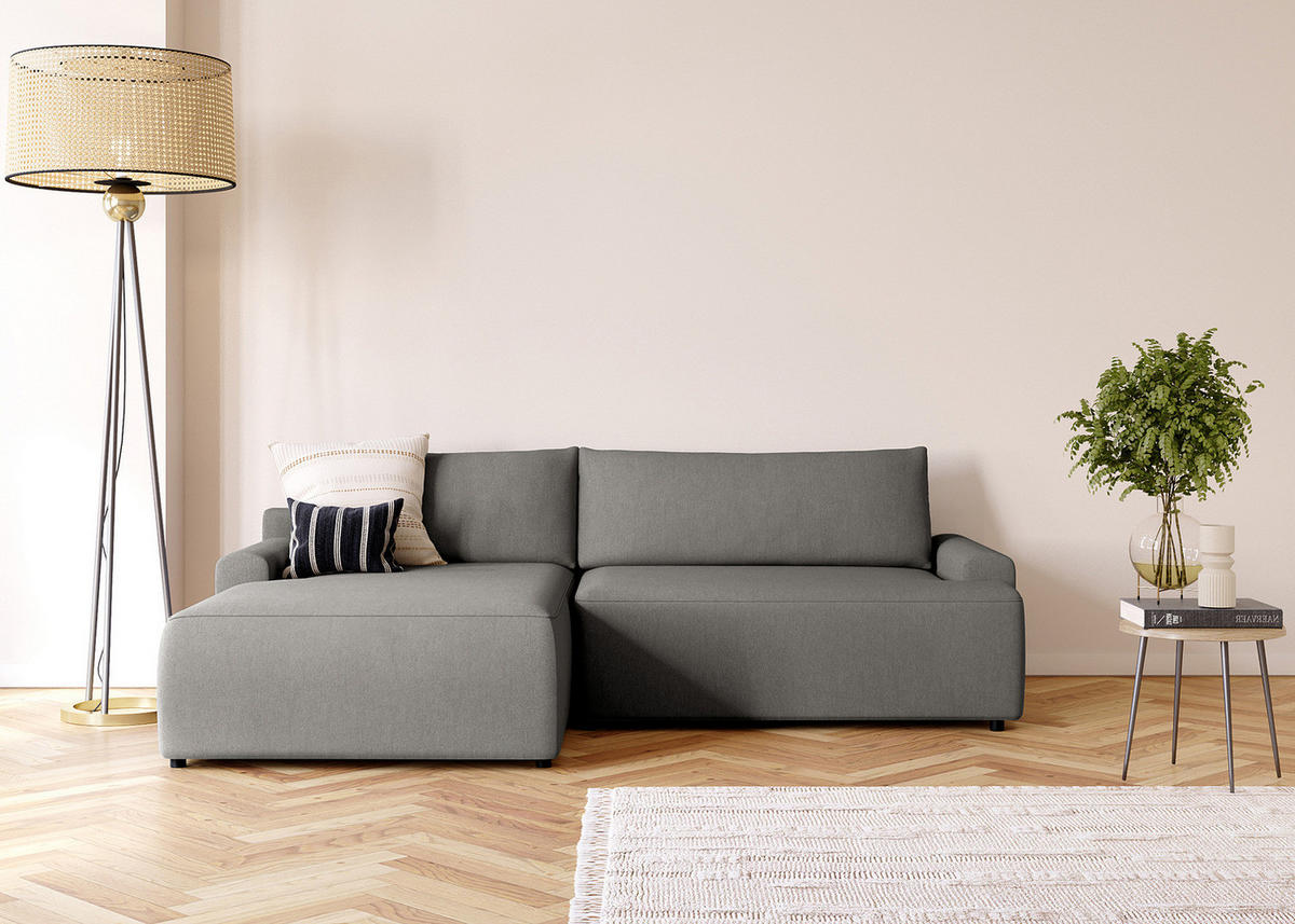 ECKSOFA mit Schlaffunktion - Longchair - Dunkelgrau/Schwarz, Kunststoff/Textil (253/167cm) - home24