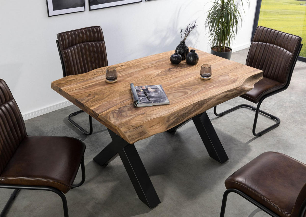 BAUMTISCH Sheesham 140x90x77 natur gebeizt / X-Beine anthrazit matt FREEFORM 5 - Anthrazit/Naturfarben, Holz (140/90/77cm) - Massivmoebel24