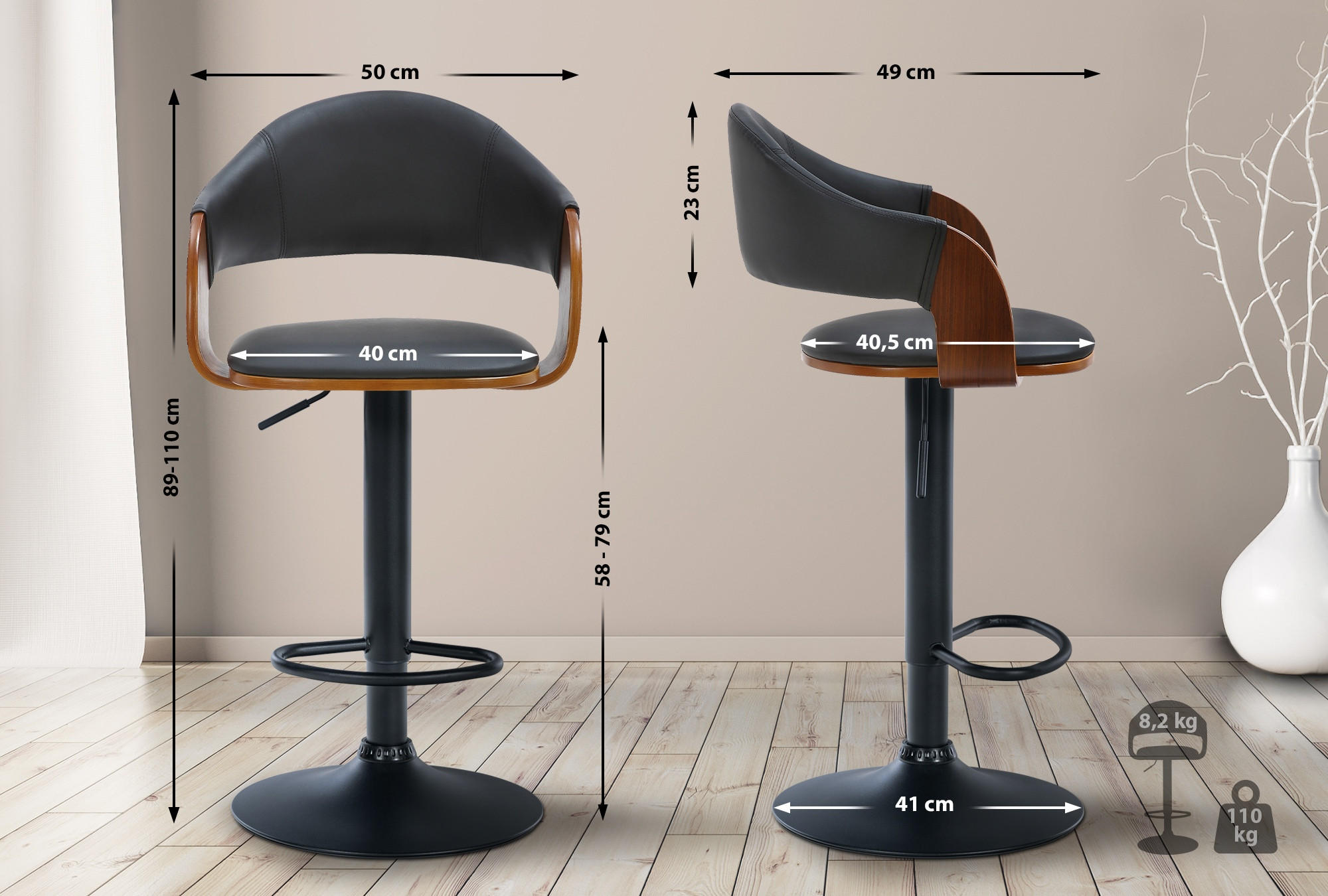 Thumbnail - CLP Barhocker, Schwarz, Walnuss, Textil, 50x89x49 cm, Esszimmer, Barmöbel, Barhocker