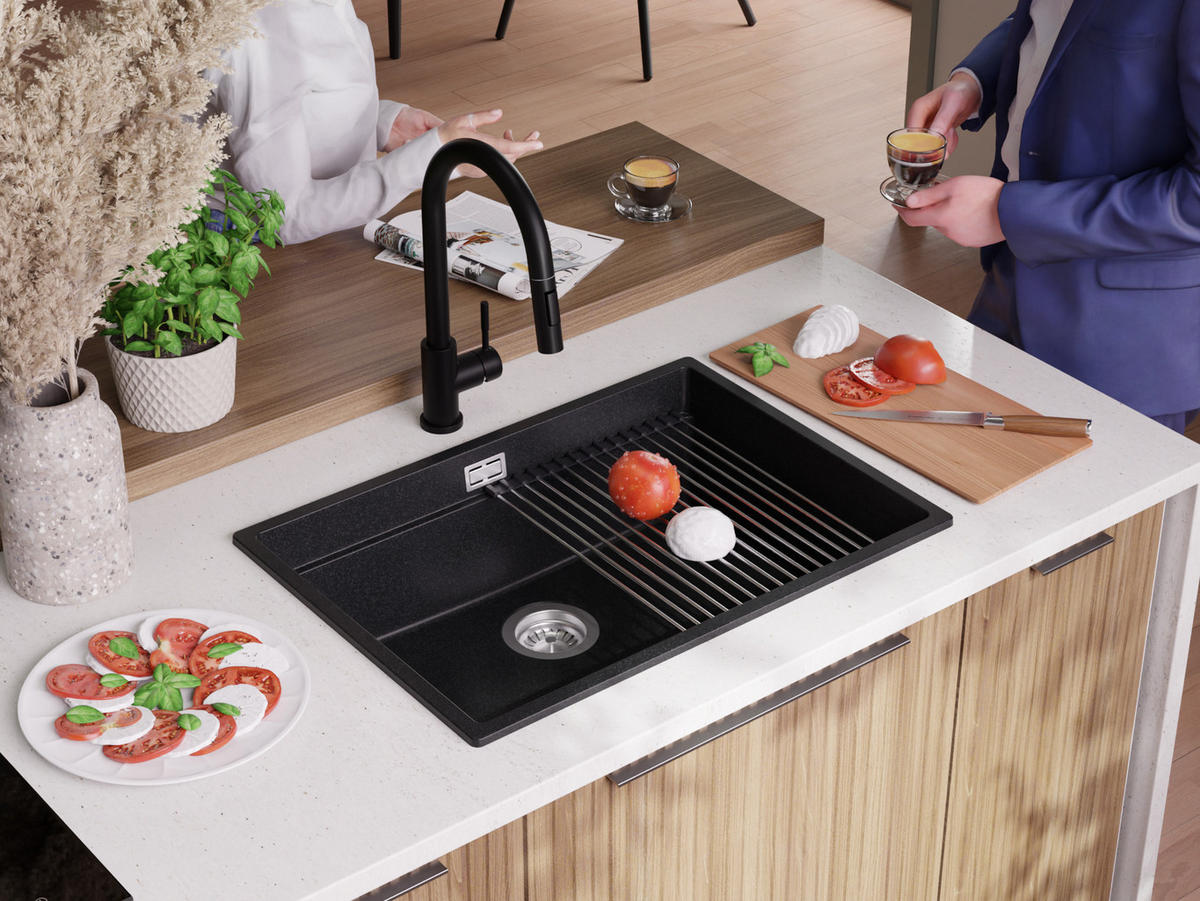 SPÜLBECKEN Praga Slim, 2-er set Anthrazit 66/47 cm 1 Becken + Ablauf-Set + Aufrollbare Abtropffläche ab 70er Unterschrank - Chromfarben/Anthrazit, Kunststoff (66/20/47cm) - Primagran