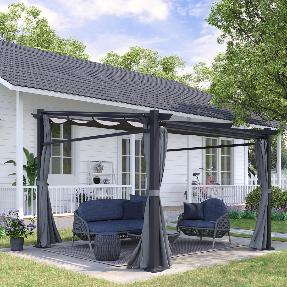 PAVILLONS aus Stahl 2,97x2,95x1,95-2,3 m in Dunkelgrau mit ausziehbarem Vordach - Dunkelgrau, Metall (295/230/297cm) - Modfu