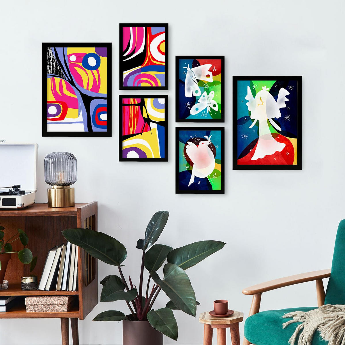 POSTER Set Mit 6 Flügel Des Friedens In Farbenfrohe Abstracts Ästhetische Dekorative Gemälde Für Ihr Wohnzimmer Zuhause A3 & A4 Schwarzer Rahmen - Schwarz, Papier (29/3cm) - Nacnic