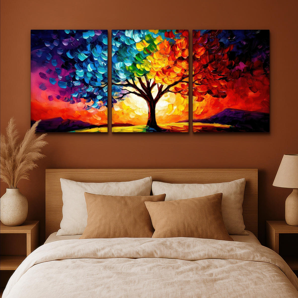LEINWANDBILD 3er Set Baum - Farbenfroh - Malerei-Look - Abstrakt 180x80 cm - Multicolor, Textil (180/80cm) - MuchoWow