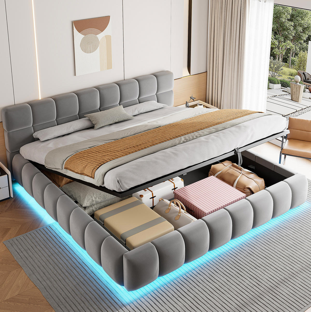 POLSTERBETT 180/200 cm aus Samt mit LED-Beleuchtung und hydraulischem Stauraum Grau - Grau, Textil (180/200cm) - Modenvie