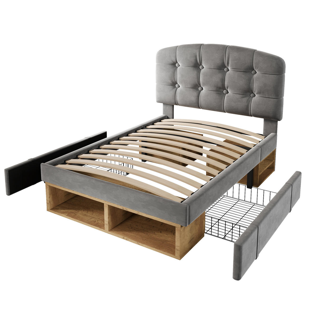 BETT mit Schubladen und Stauraum 90x200 cm Samt Grau - Grau, Metall (90/200cm) - Meubliv