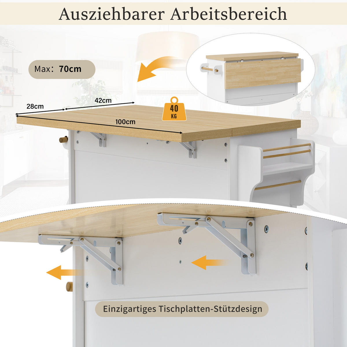 KÜCHENINSEL Mobile 100cm in Weiß & Natur - Weiß, Holzwerkstoff (100/92/42cm) - Urban Meuble