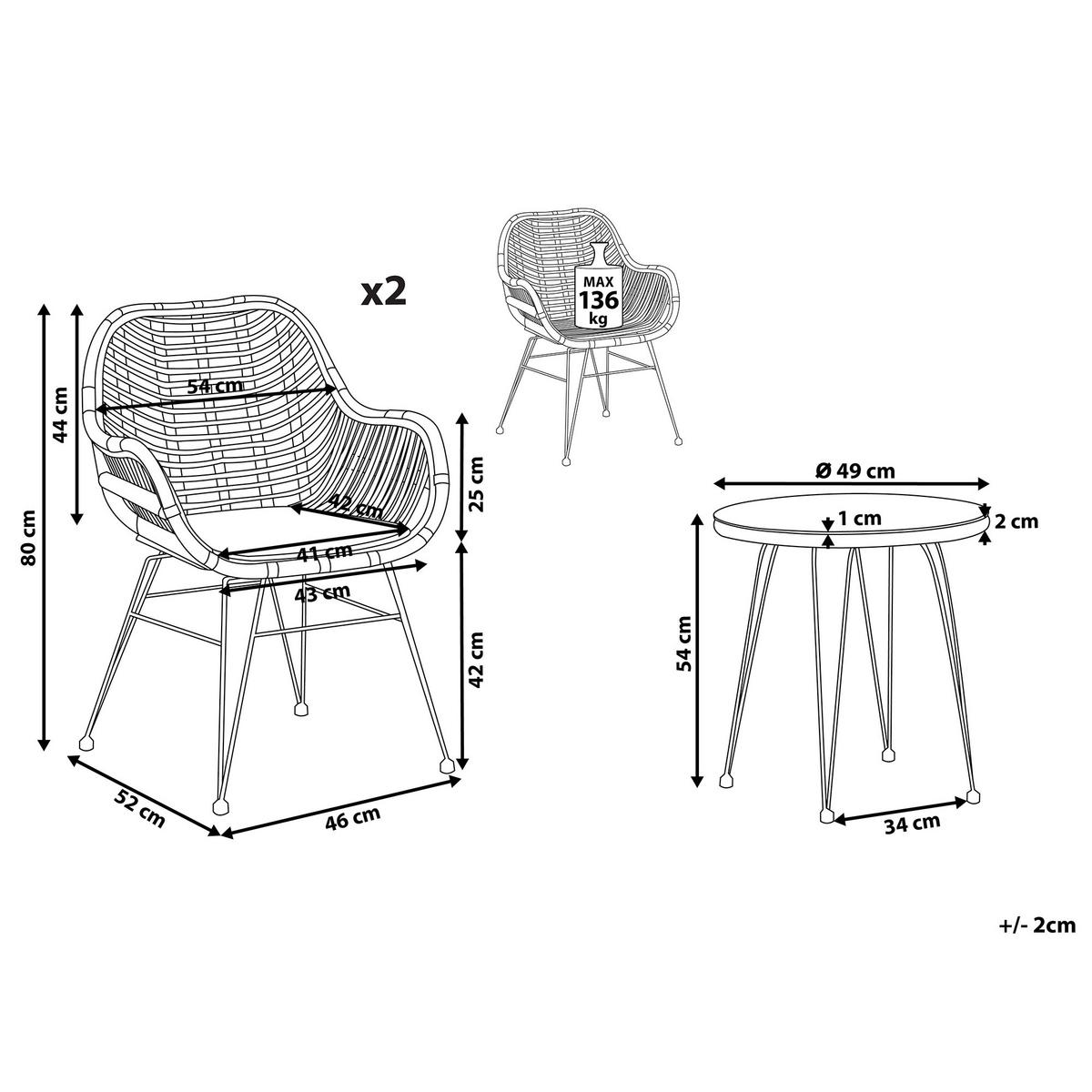 BALKONSET 2-Sitzer Rattan natürlich Auflagen schwarz Tropea II - Beige/Schwarz, Kunststoff - Beliani