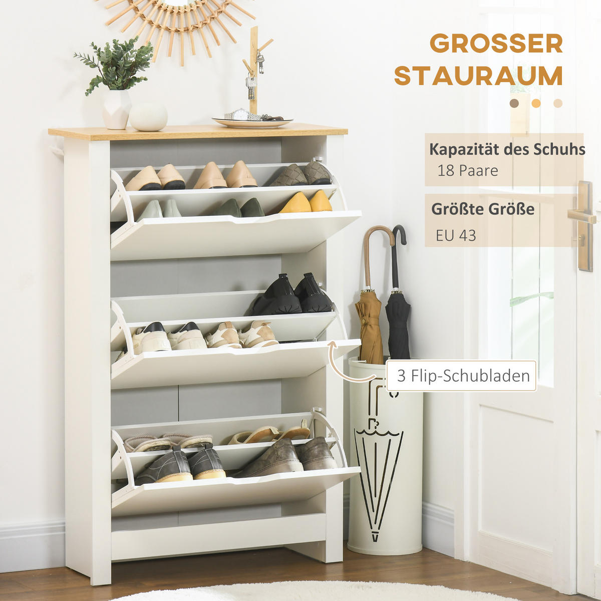SCHUHSCHRANK Schuhregal mit Schublade Schuhständer für 18 Paar Schuhe Weiß+Natur - Naturfarben/Weiß, Holzwerkstoff/Kunststoff (26/112/72cm) - HOMCOM