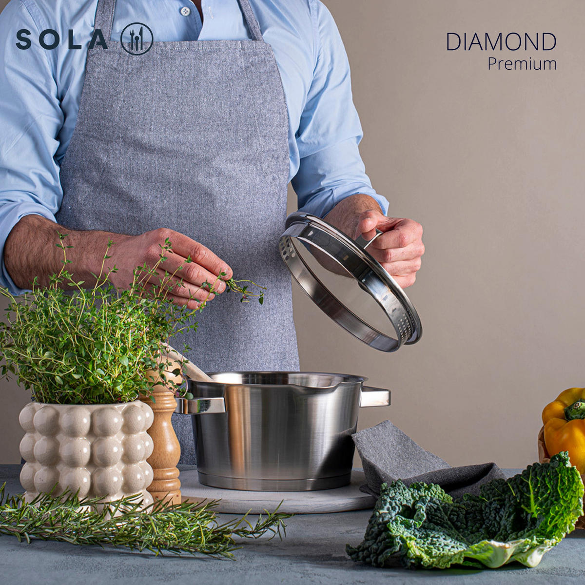 TOPFSET Diamond 4-teilig – Edelstahl – downdraft-geeignet – Kochtöpfe Ø 16, 18, 20 cm & Stieltopf Ø 16 cm – geeignet für alle Herdarten - Silberfarben, Metall - Sola