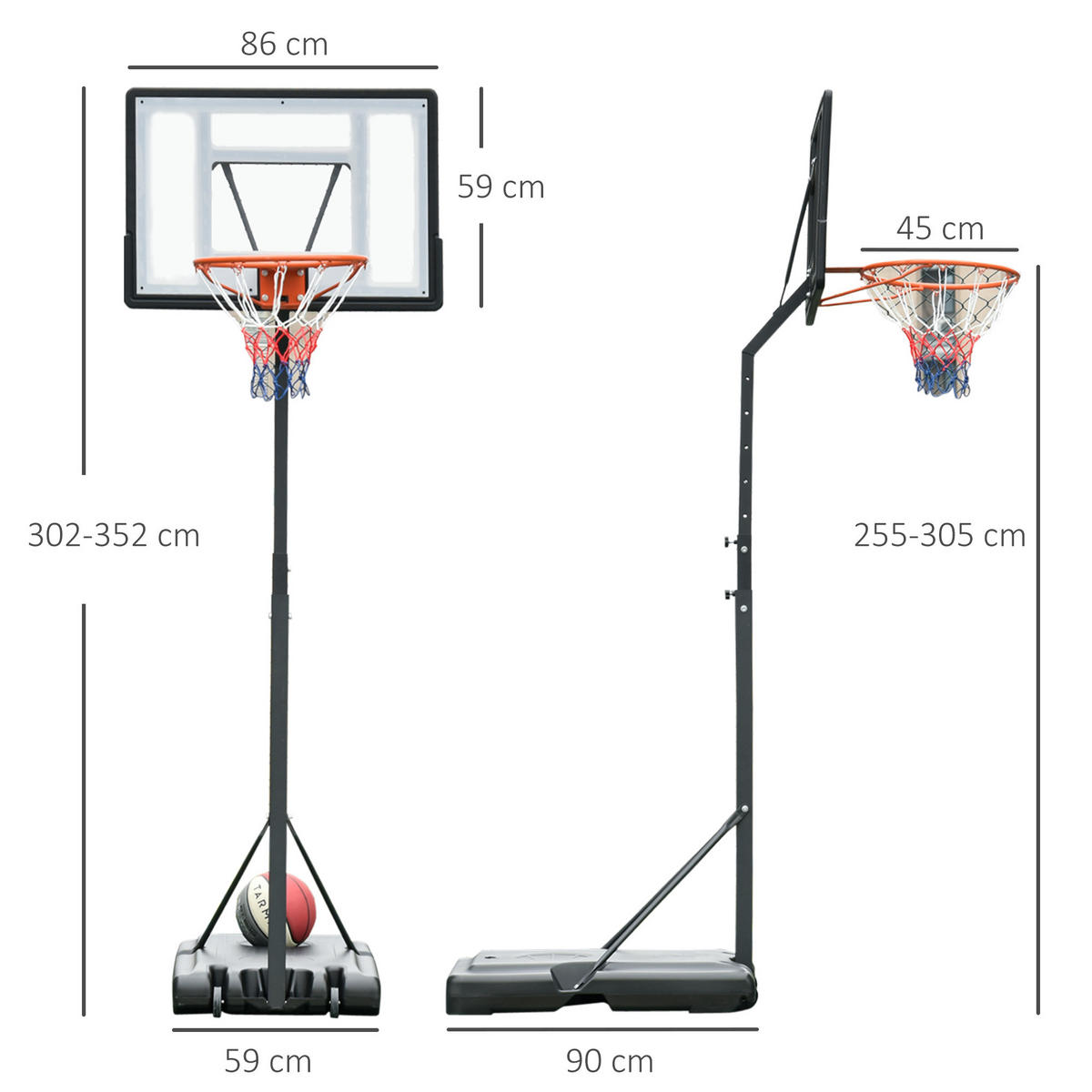 BASKETBALLSTÄNDER, Stahl, Schwarz, 90B x 165T x 302-352H cm - Schwarz, Metall (165/90cm) - HOMCOM