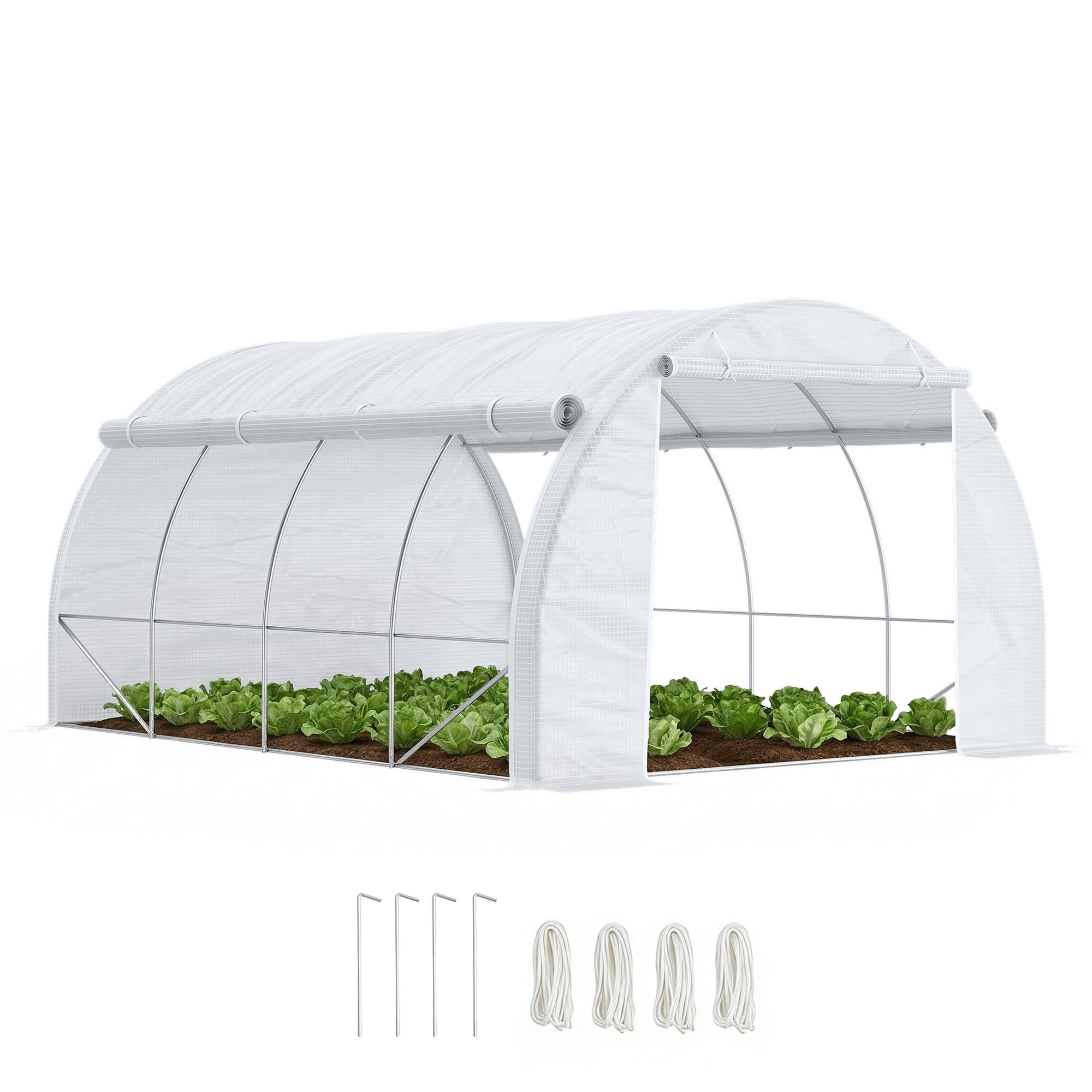 TUNNEL-GEWÄCHSHAUS DE-05832 begehbar mit aufrollbaren Wänden 397/300/200 cm Weiß - Weiß, Kunststoff/Metall (300/200/397cm) - ComfortXL