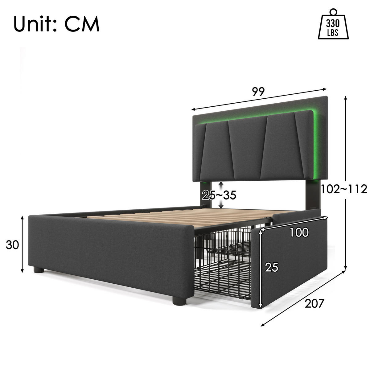 POLSTERBETT 90/200 cm Grau aus Holz mit LED-Beleuchtung - Grau, Holz (90/200cm) - OKMYHOME