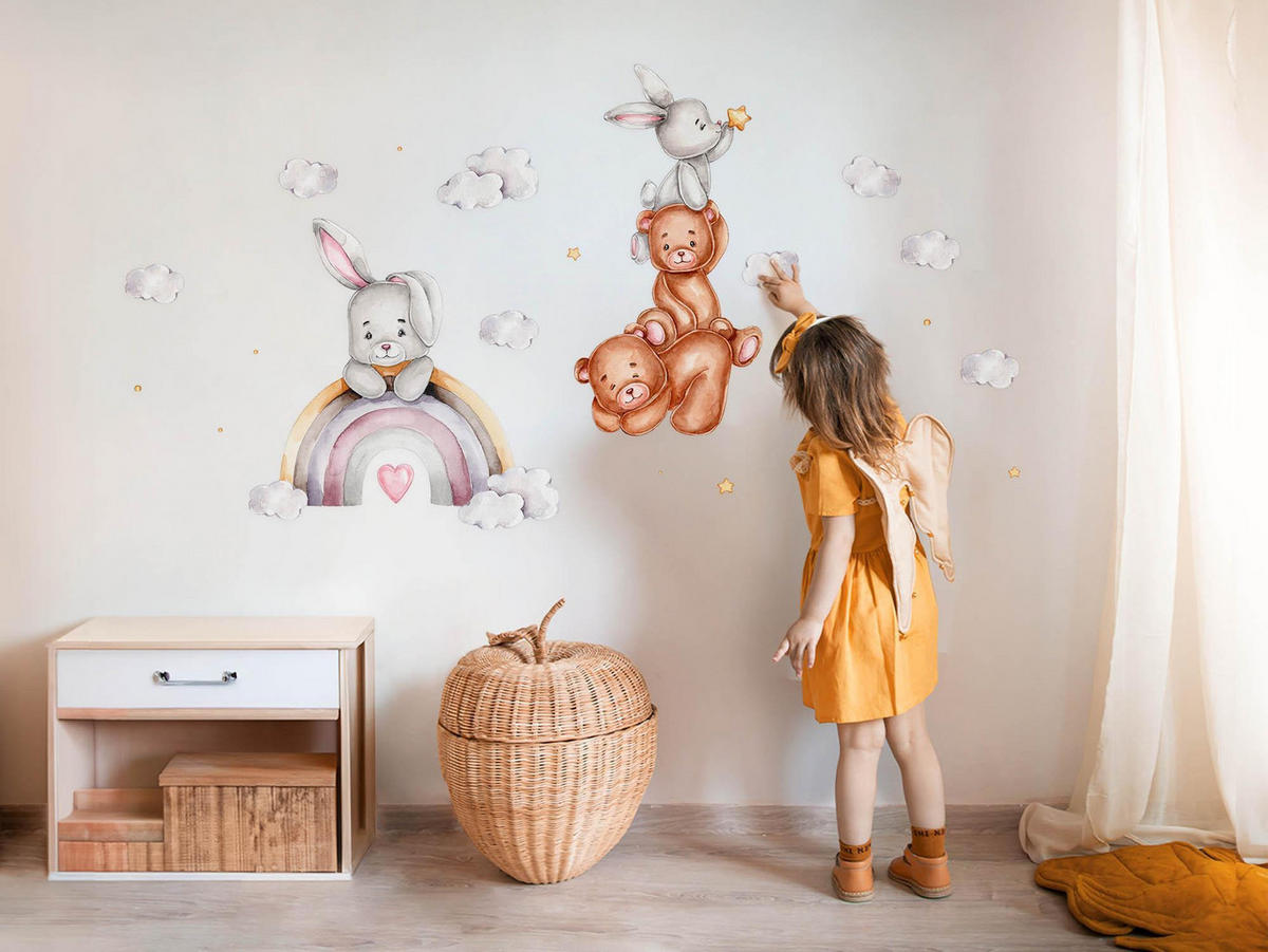 WANDAUFKLEBER 60x101cm - Hasen und Wolken - Multicolor, Kunststoff (60/101/0.1cm) - Wallfluent