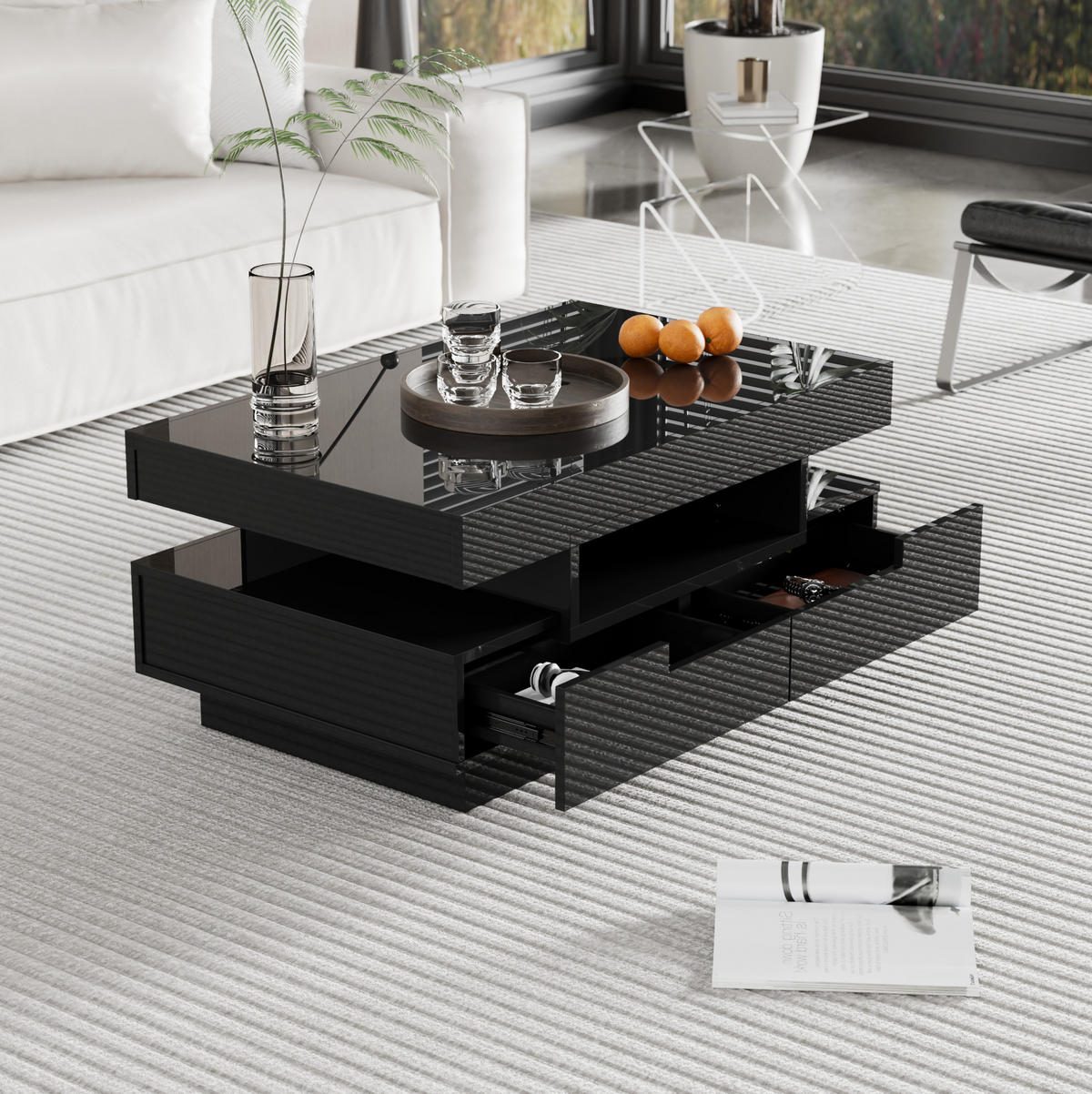 COUCHTISCH aus Spanplatte 80x50x36 cm in Schwarz mit LED-Beleuchtung - Schwarz, Holzwerkstoff (80/50/36cm) - Modfu