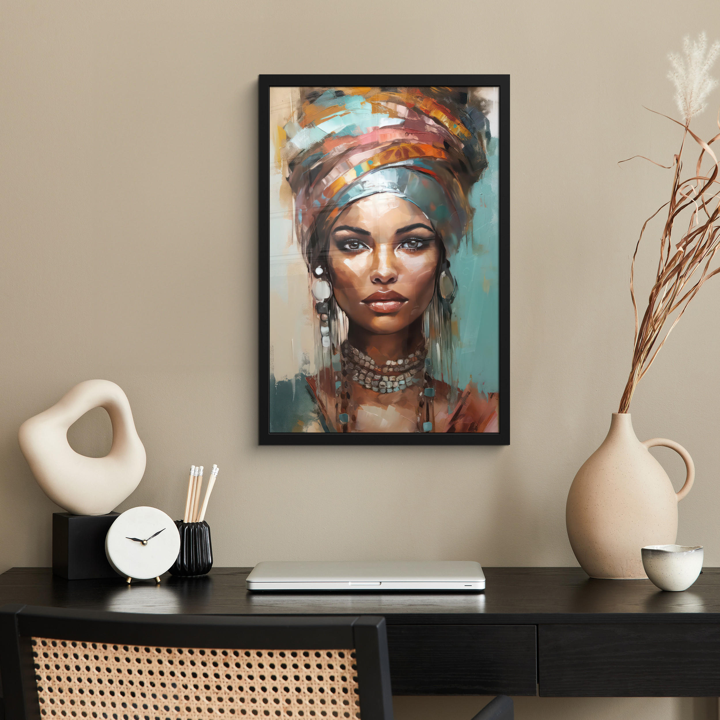GERAHMTES BILD Frau - Kunst - Schmuck - Porträt 40x60 cm - Blaugrau, Papier (40/60cm) - MuchoWow