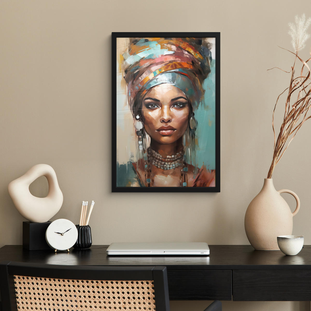 GERAHMTES BILD Frau - Kunst - Schmuck - Porträt 40x60 cm - Blaugrau, Papier (40/60cm) - MuchoWow