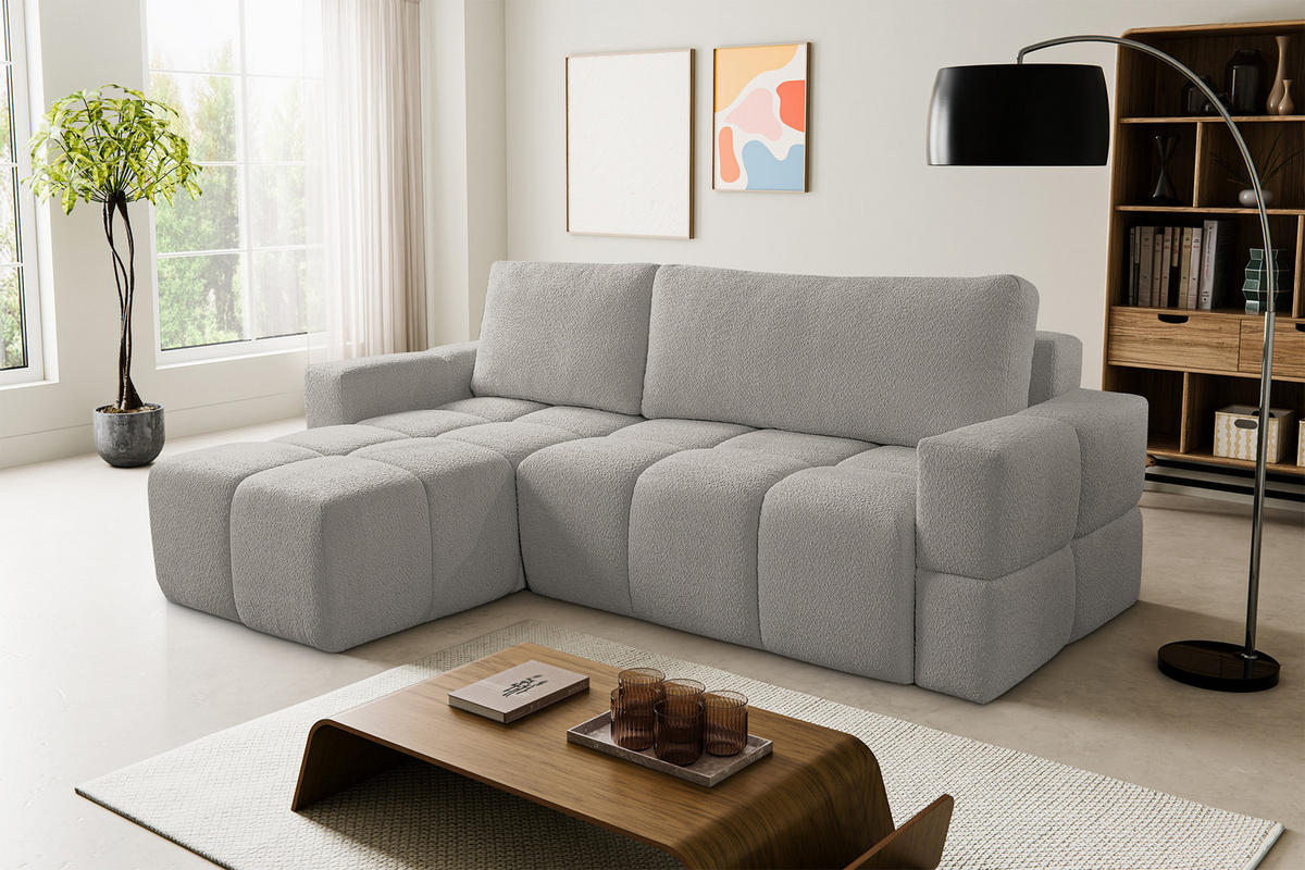 ECKSOFA LUSSO mit Schlaffunktion und Bettkasten, Farbe: Grau, Bouclé-Stoff, Ottomane Universal - Grau, Textil (255/165cm)