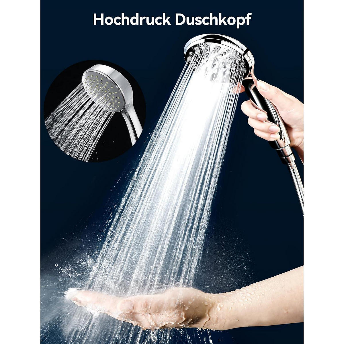 HANDBRAUSE Set mit Schlauch 59 Zoll 5 Strahlarten Hochdruck Wassersparend Chrom Silber - Silberfarben, Metall (10.5/12.7/24cm)