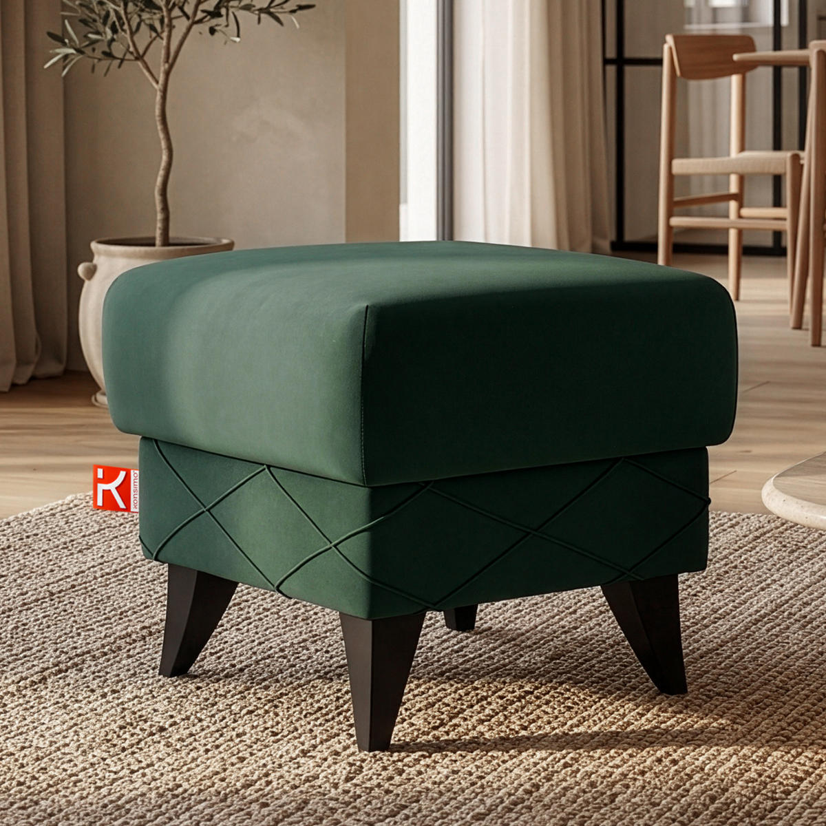 HOCKER GUSTAVO III Fußstütze, Velours, Dunkelgrün - Dunkelgrün, Holz/Holzwerkstoff (53/49/53cm) - KONSIMO®