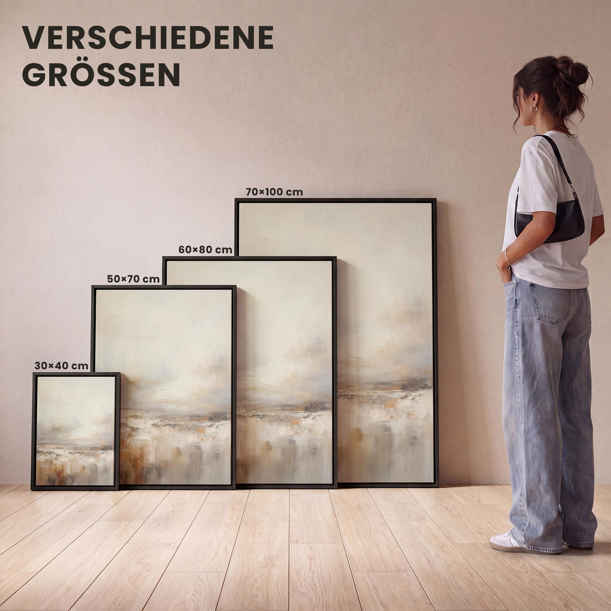 LEINWAND Bilder mit Rahmen - Kunst - Industriell - Grau - Braun - Abstrakt - 70x100 - Sandfarben, Textil (70/100cm) - MuchoWow