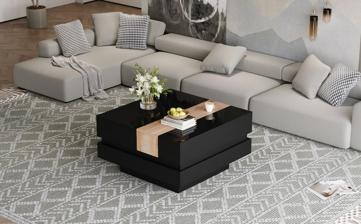 COUCHTISCH mit ausziehbarer Platte & Stauraum, MDF/PB, Schwarz-Holz Optik, Hochglanz, 70/70/39 cm,Schwarz - Schwarz, Holzwerkstoff (70/70/39cm) - Redom