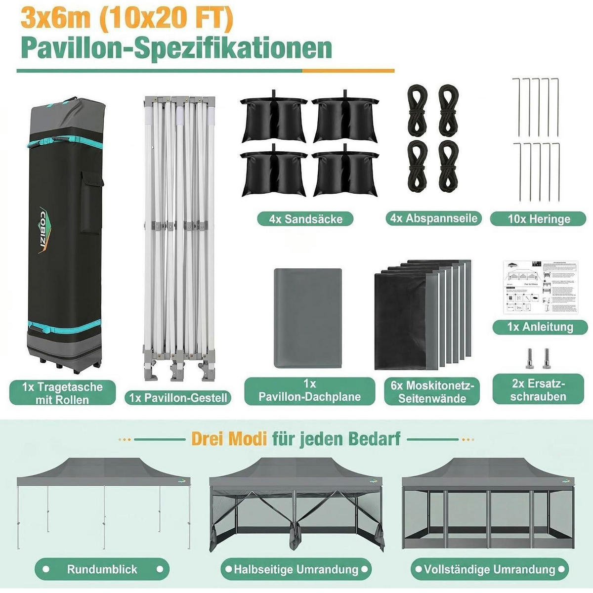 FALTPAVILLON 3 x 6 m mit Moskitonetz Grau - Grau, Textil (300/275/600cm)