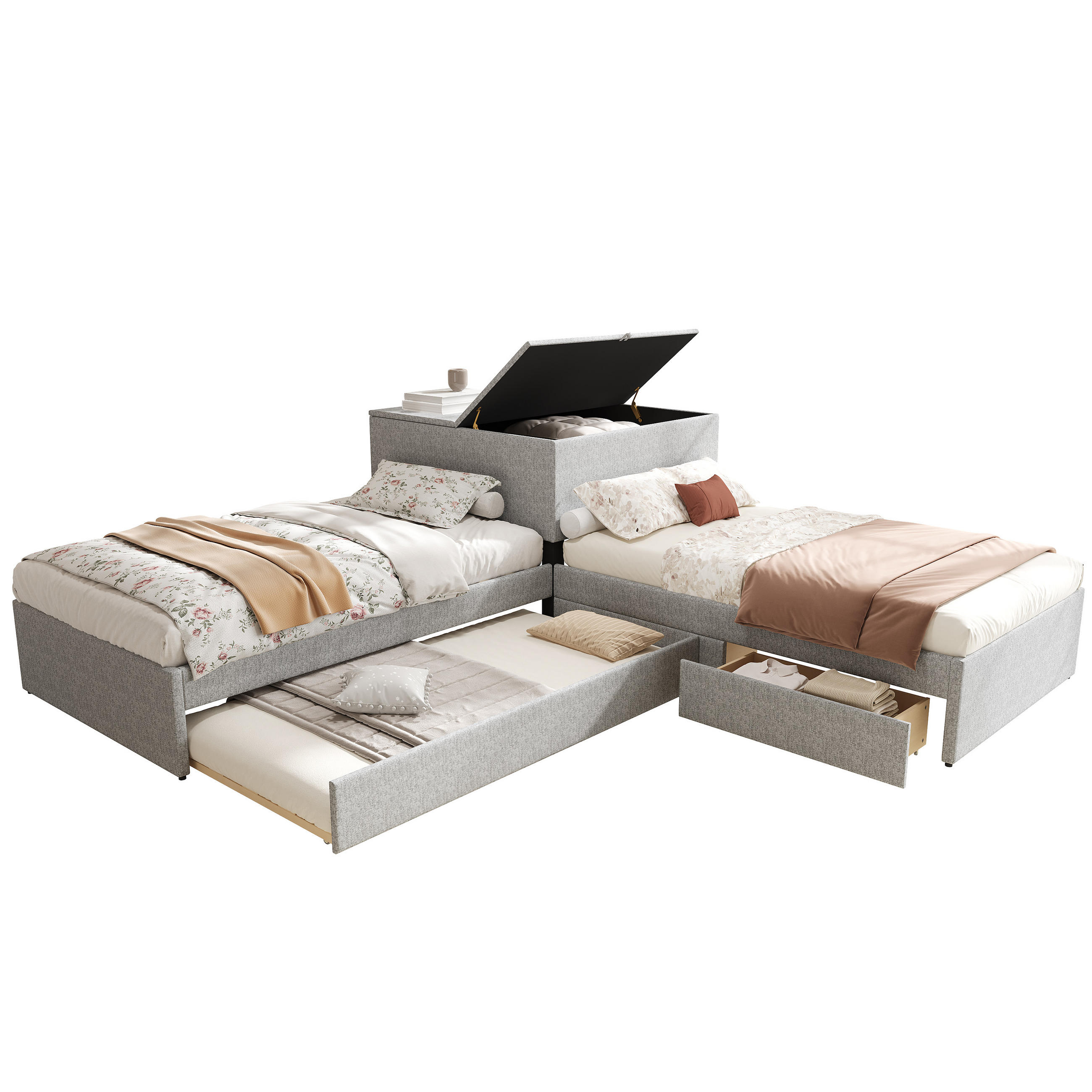 ECKEINZELBETT 90x200cm Grau Leinen Mit Stauraum & Ausziehbett - Grau, Naturmaterialien (90/200cm) - FLIEKS