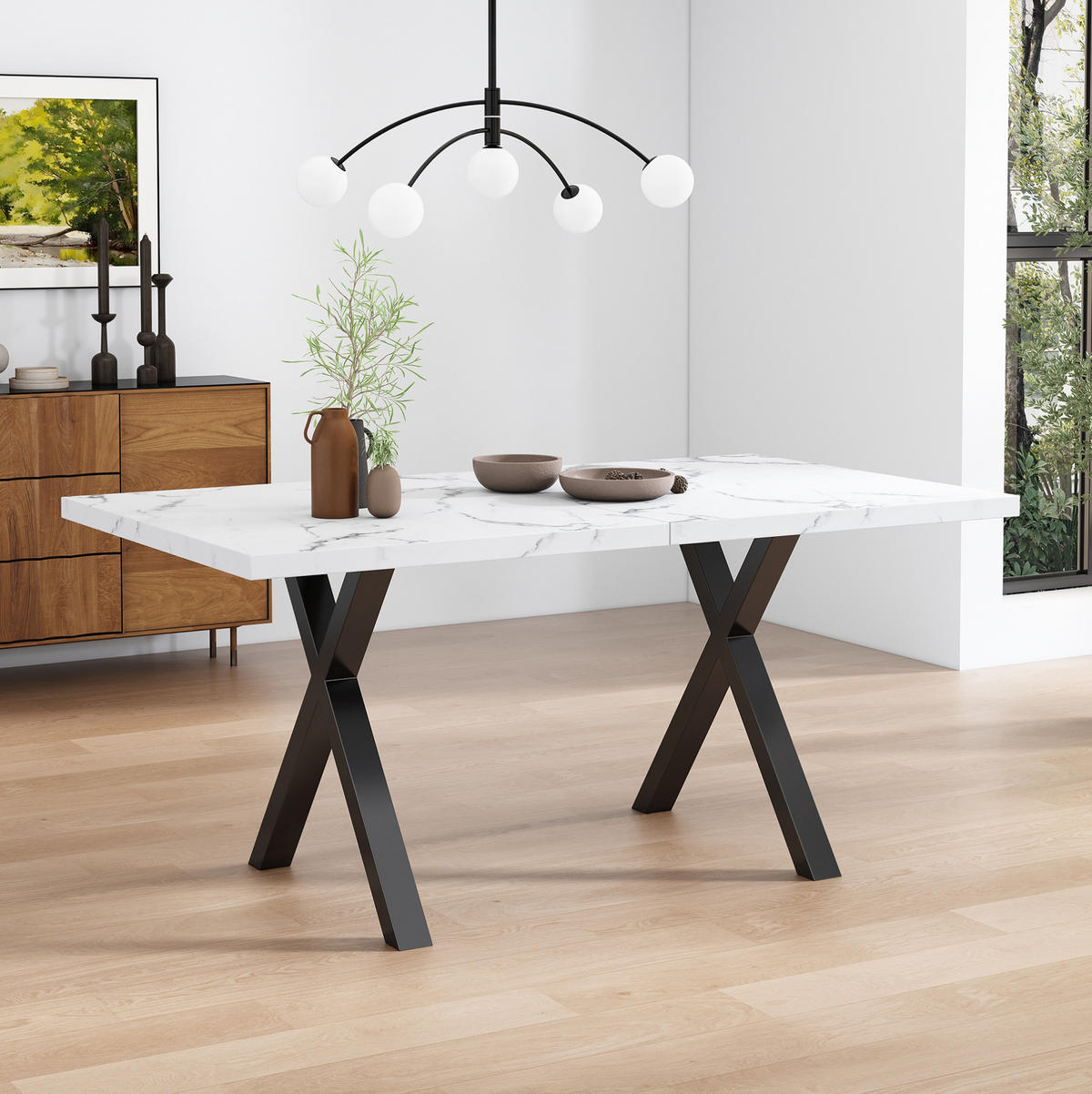 JEDILNA miza 140/80/76 cm z navzkrižnim podnožjem, MDF plošča, večnamenska, Beli marmor - bela, leseni material (140/80/76cm) - Redom