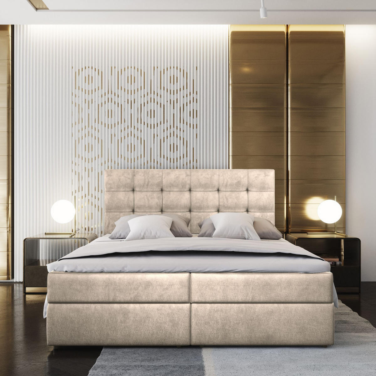 BOXBETT GLOS M 140x200 cm mit Matratze und Topper, H2+H3 - Beige - Beige, Holz (140/200cm) - MASSENO