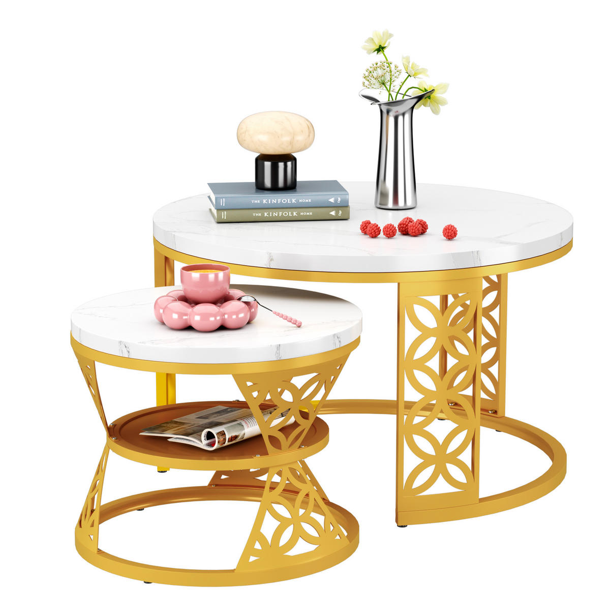 COUCHTISCH-SET mit Marmoreffekt und Metallrahmen Basis, Stapelbarer Beistelltisch Set 70/70/45 cm + 45/45/37 cm, Weiß und Gold - Goldfarben/Weiß, Holzwerkstoff (70/70/45cm) - Redom