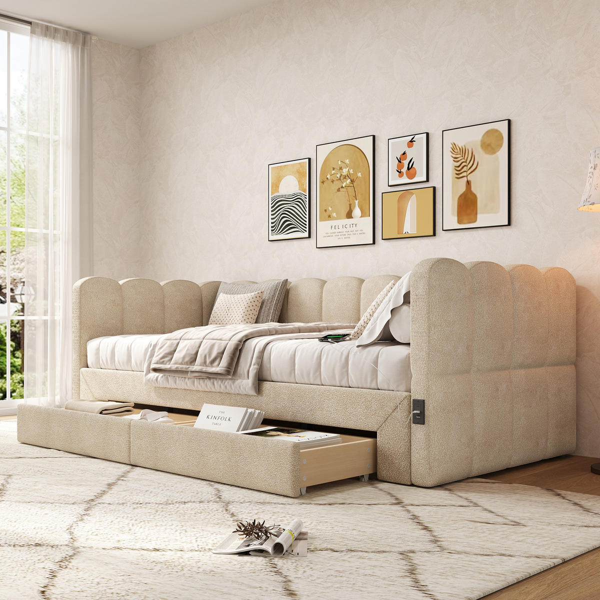 POLSTERBETT 90/190 cm beige aus Chenille mit Ausziehfunktion und USB-Anschluss - Beige, Textil (90/190cm) - OKWISH