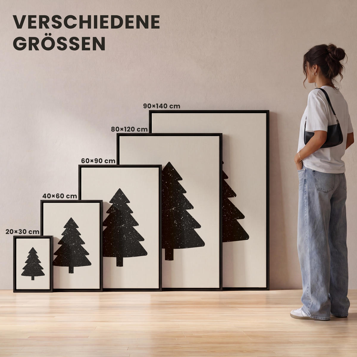 LEINWAND Bilder mit Rahmen - Weihnachtsbaum - Schwarz - Urlaub - Beige - 80x120 - Schwarz, Textil (80/120cm) - MuchoWow