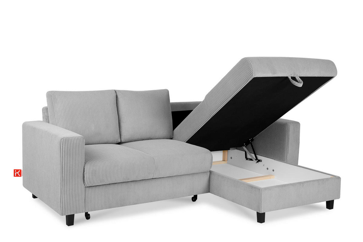 ECKSCHLAFSOFA EGRET Rechts mit Bettkasten, Cord-Stoff, hellgrau - Hellgrau, Textil (234/90cm) - KONSIMO®