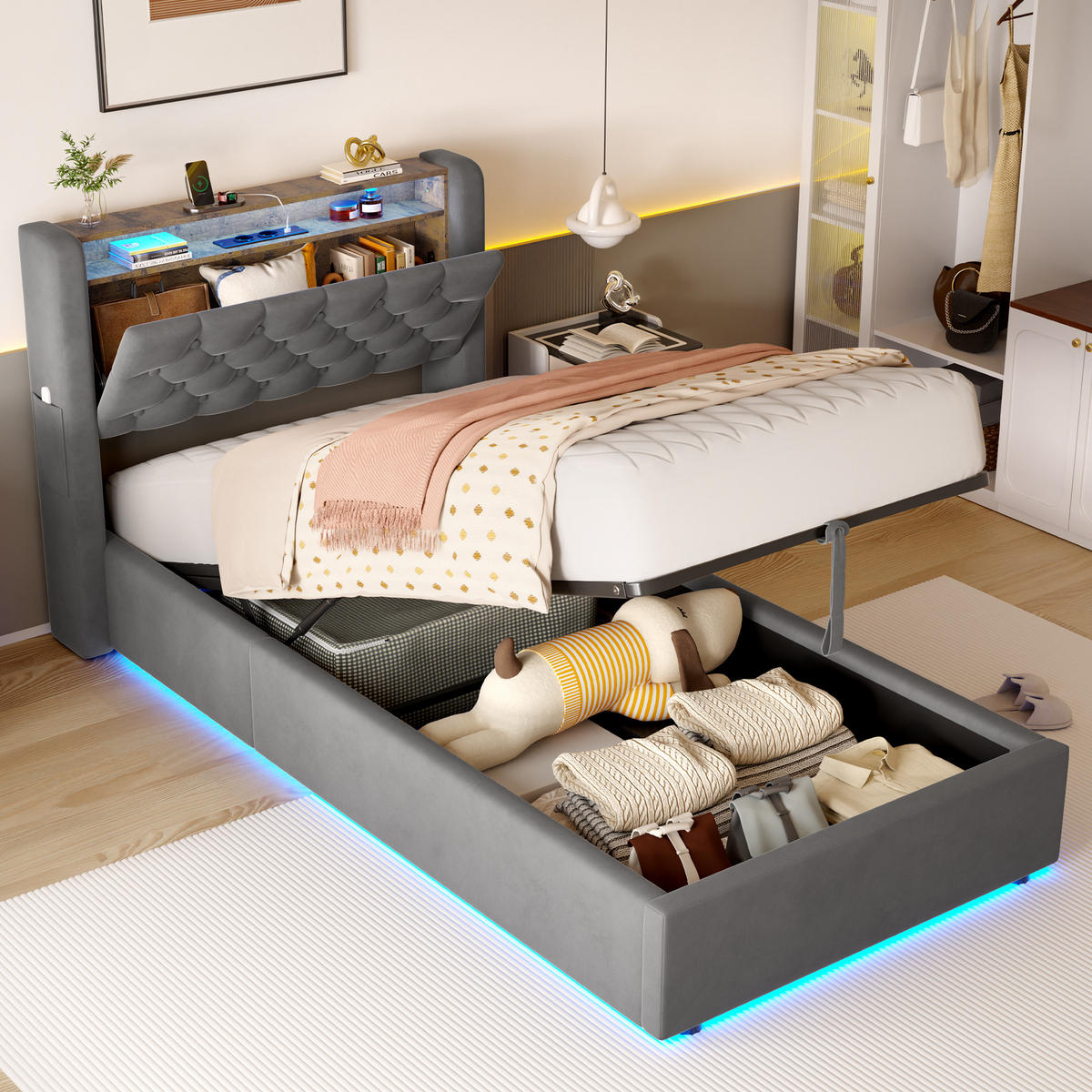 POLSTERBETT 90x190 mit Bettkasten & LED Beleuchtung,mit klappbarem Kopfteil,Grau - Grau, Holzwerkstoff/Textil (90/190cm) - EVRYAE