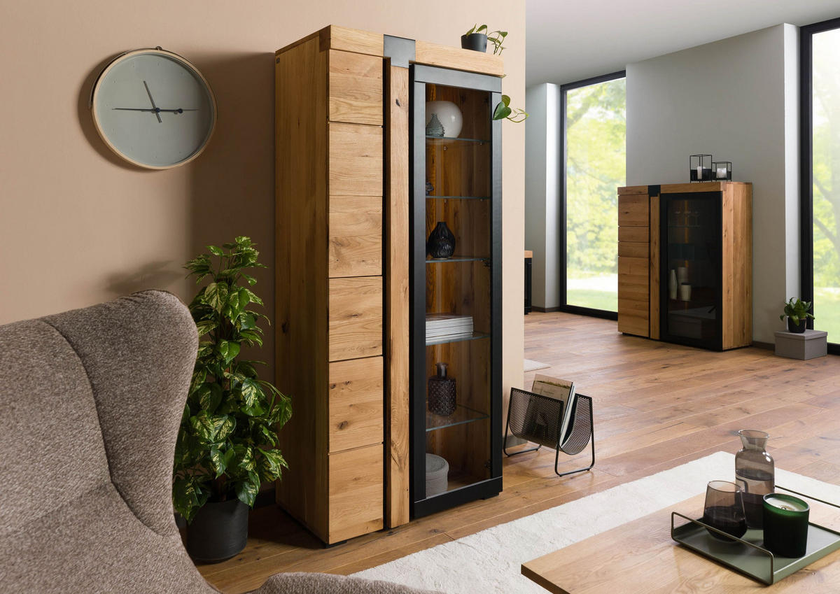 VITRINE Wildeiche 80x45x180 natur geölt ROTTERDAM #111 - Braun, Holz (80/180/45cm) - Massivmoebel24
