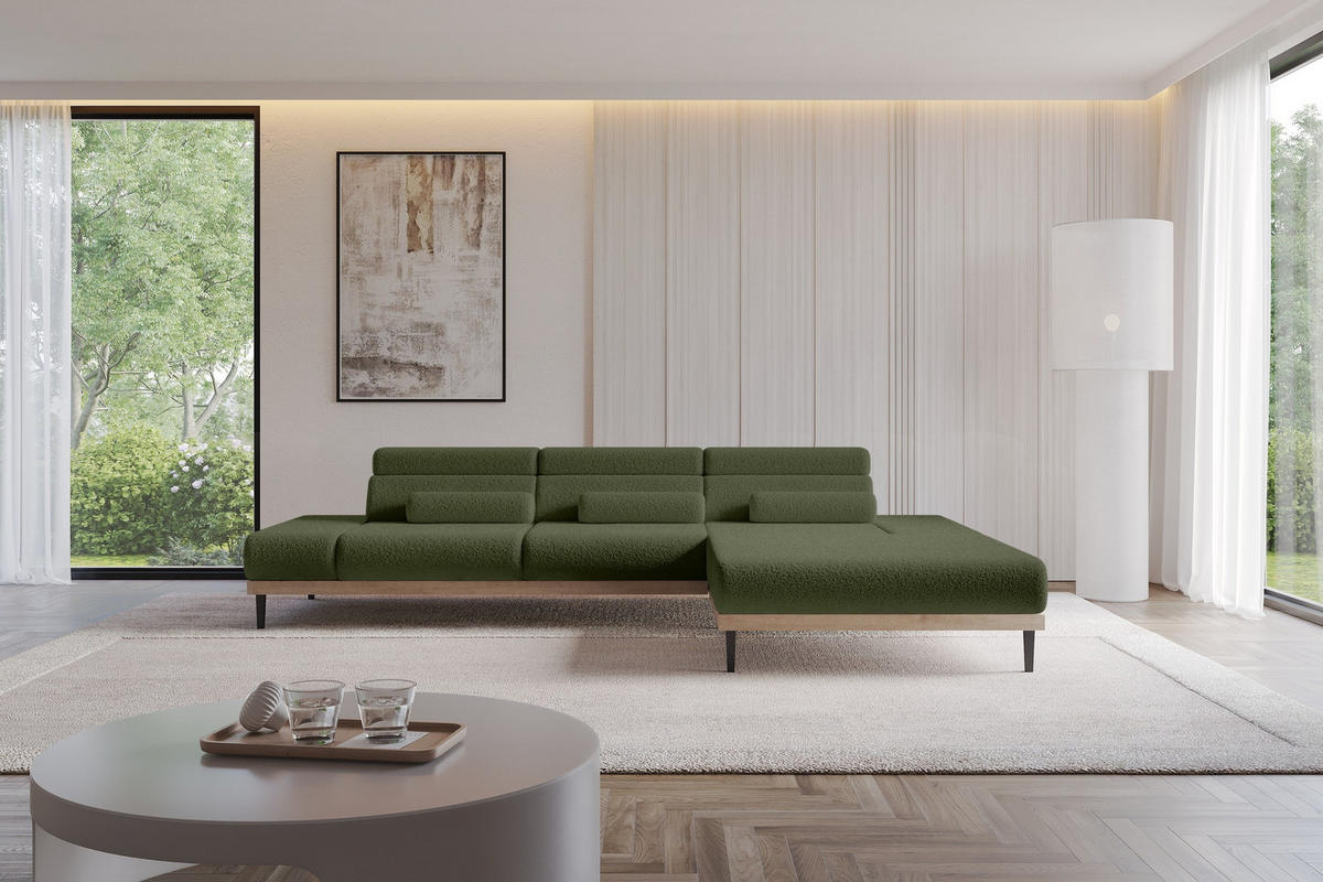ELEKTRISCHES ECKSOFA Rechts MONA 316x205x85 Grün Bouclé - Olivgrün/Grün, Holzwerkstoff/Textil (316/205cm) - ALTDECOR