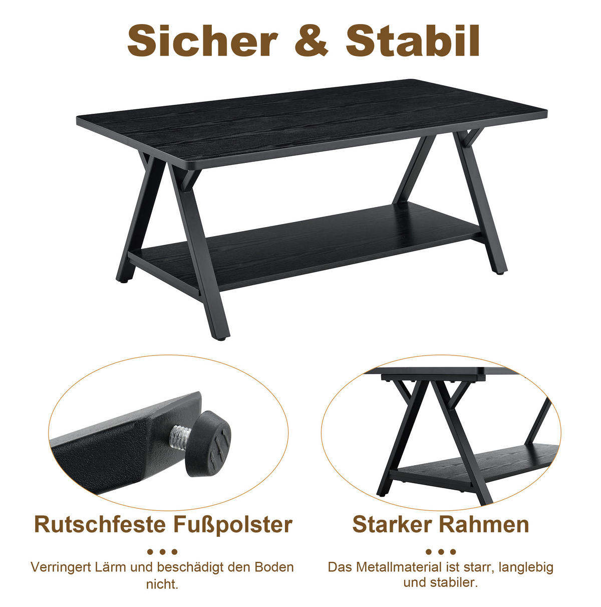 COUCHTISCH 110/57/44,5 cm mit Ablage, MDF-Holzoptik und Metallgestell, Schwarz - Schwarz, Holzwerkstoff (110/57/44.5cm) - Redom