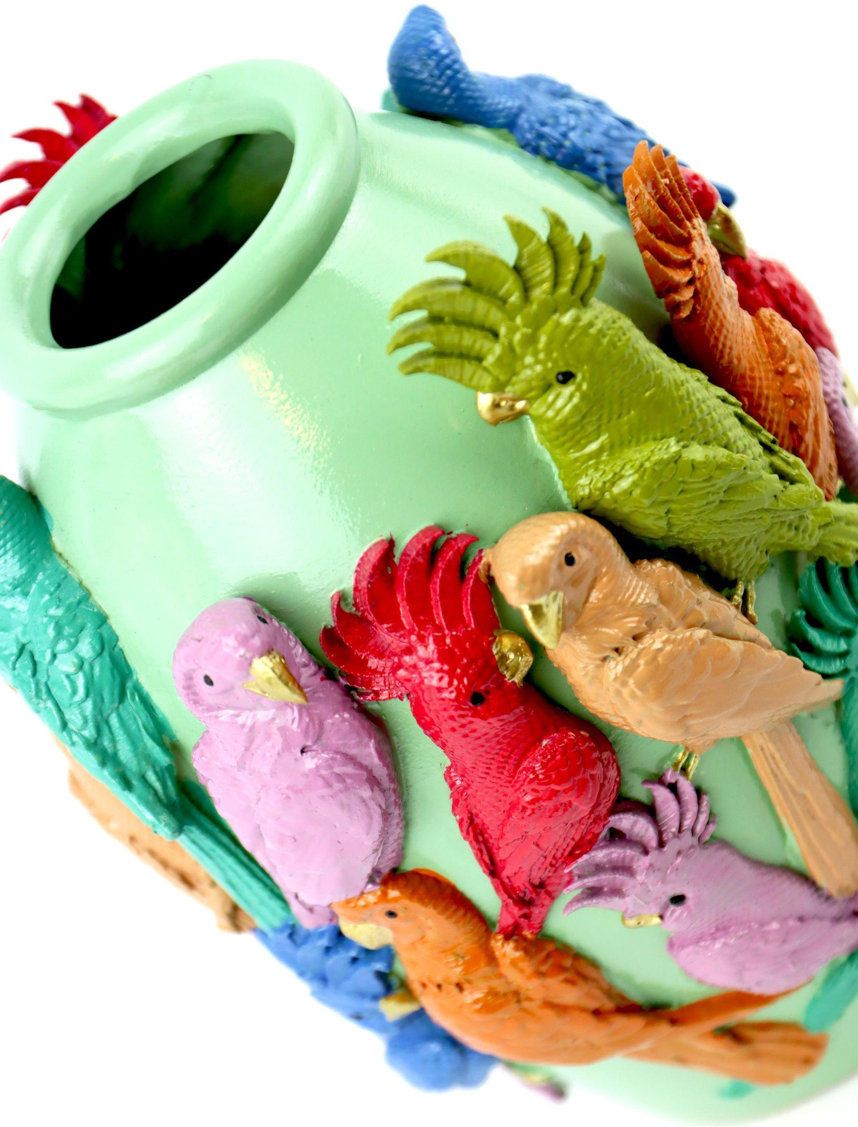VASE Parrot mintfarben mit bunten Papageien - Grün, Kunststoff (18cm) - FURNARO