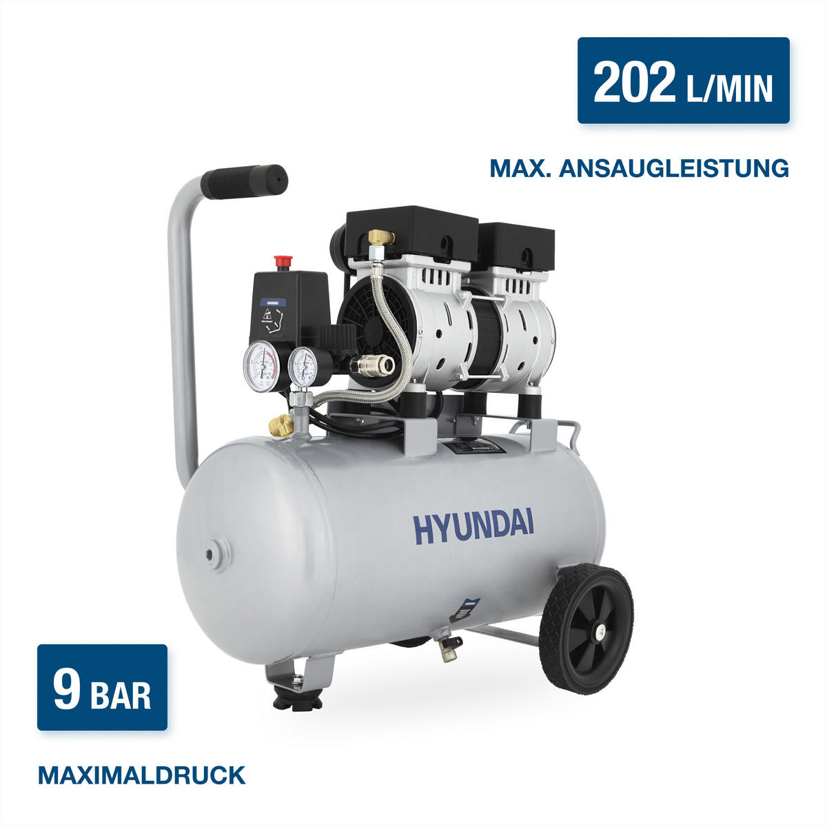 SILENT Kompressor SAC15024 (Druckluftkompressor leise, ölfrei, Flüsterkompressor, 67dB, 24L Kessel, 9bar, 1.5kW, 202L/Min) - Silberfarben, Metall (55/33/56cm) - Hyundai