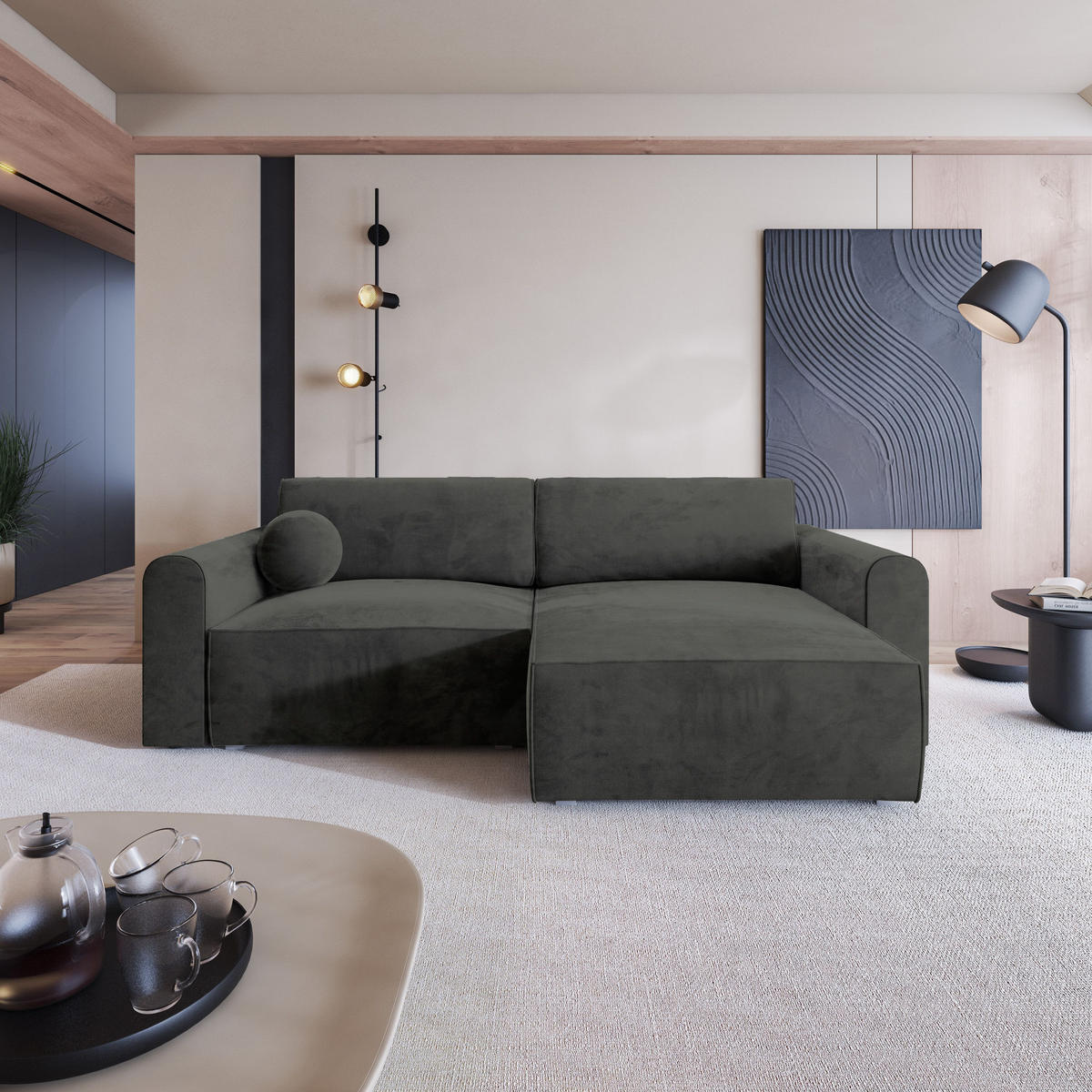 ECKSOFA FIANO M Schwarz Velours-Stoff mit Schlaffunktion - Schwarz, Holz (245/148cm) - MASSENO