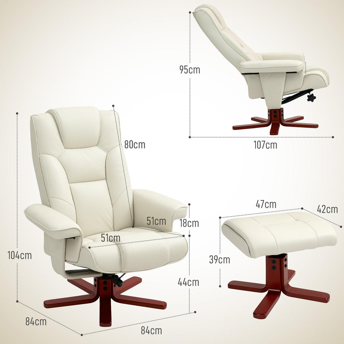 RELAXSESSEL mit Hocker, Fernsehsessel mit Liegefunktion, Wippfunktion, Cremeweiß - Creme/Dunkelrot, Leder/Holz (84/104/84cm) - HOMCOM