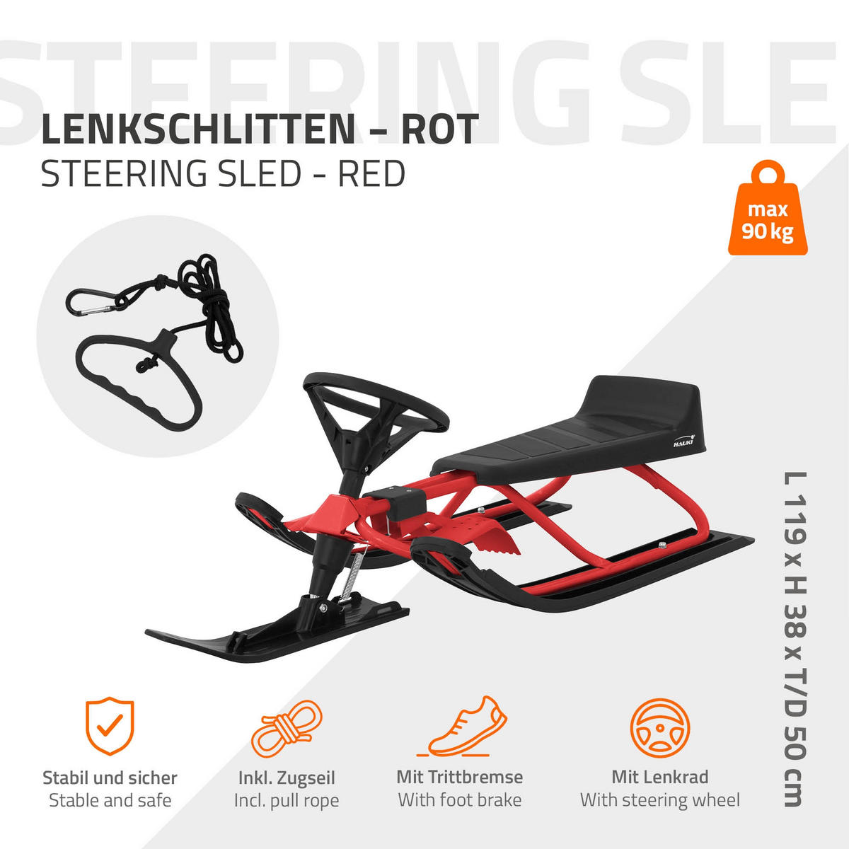 LENKSCHLITTEN Schwarz/Rot - Rot, Metall (50/119cm) - Hauki