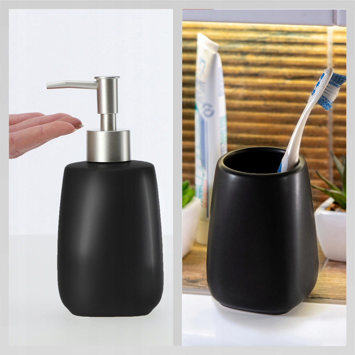 BADEZIMMERSET SEIFENSPENDER + Badezimmerbecher-Set, schwarz - Schwarz, Keramik (8/11cm) - KADAX