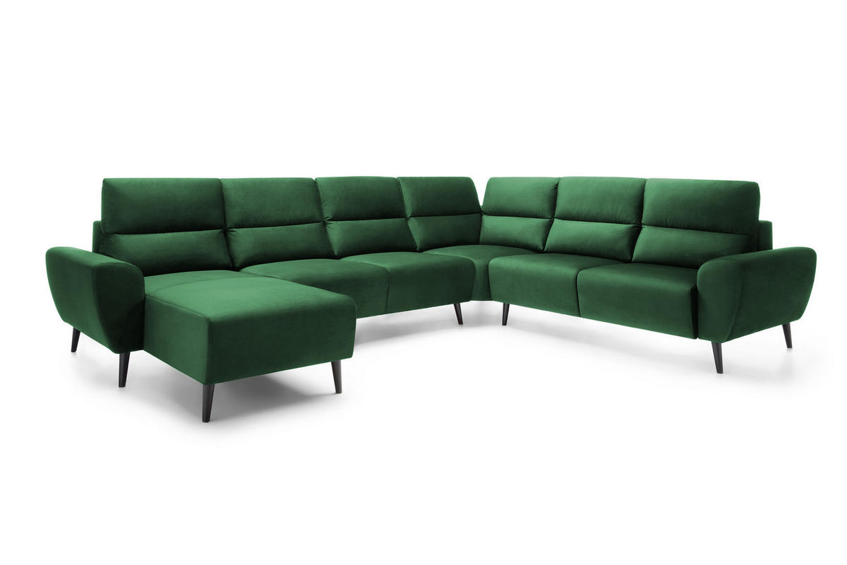 ECKSOFA BOSCO U-Form, Monolith-Stoff, Freistehend, mit verstellbaren Kopfstützen, Sofa für Familien, Größe: 340x270x98cm, Farbe: Grün - Grün, Holz/Textil (270/340cm) - DomoHome