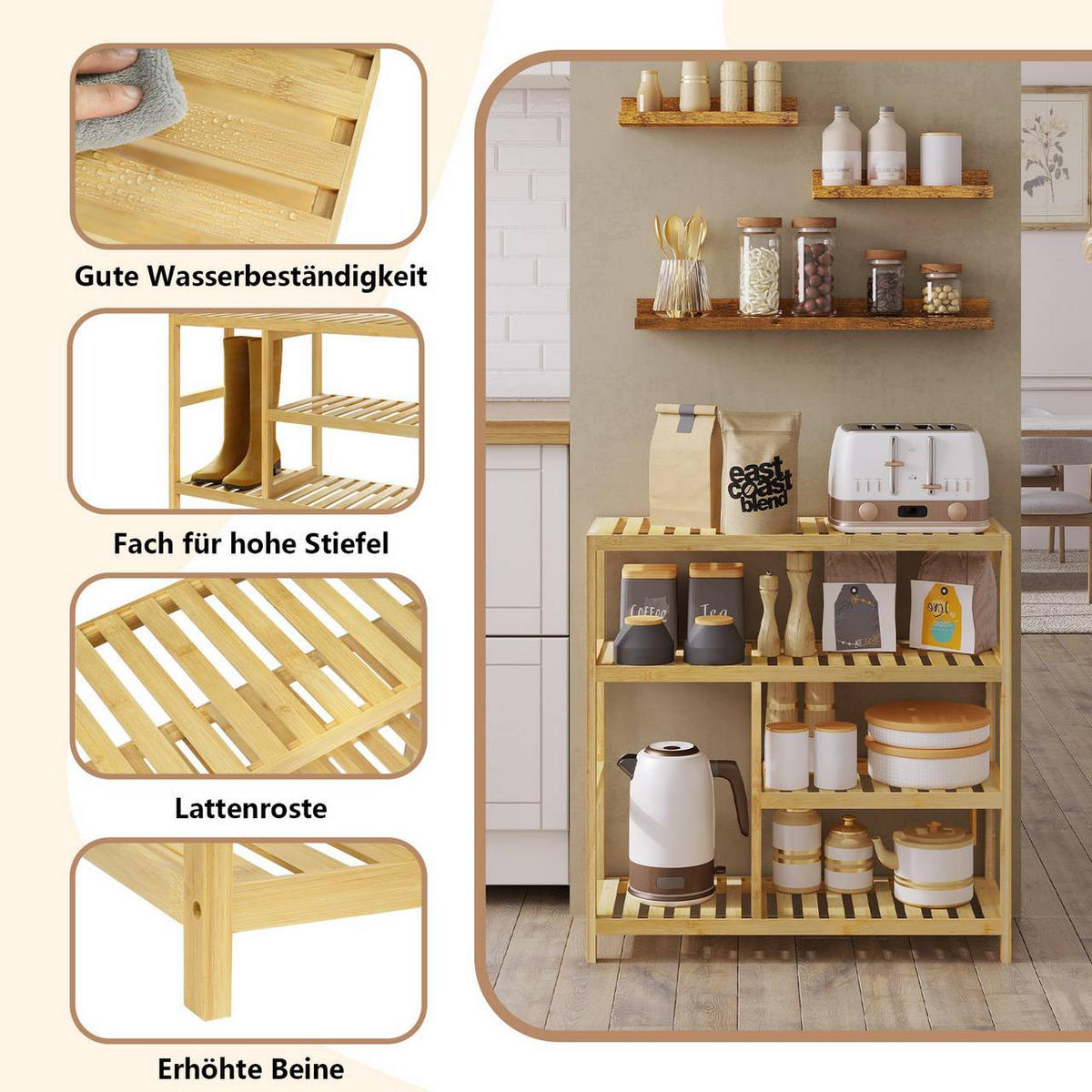 SCHUHREGAL mit 4 Ebenen, aus Bambus - Naturfarben, Naturmaterialien (68/68.5/26cm) - Woltu