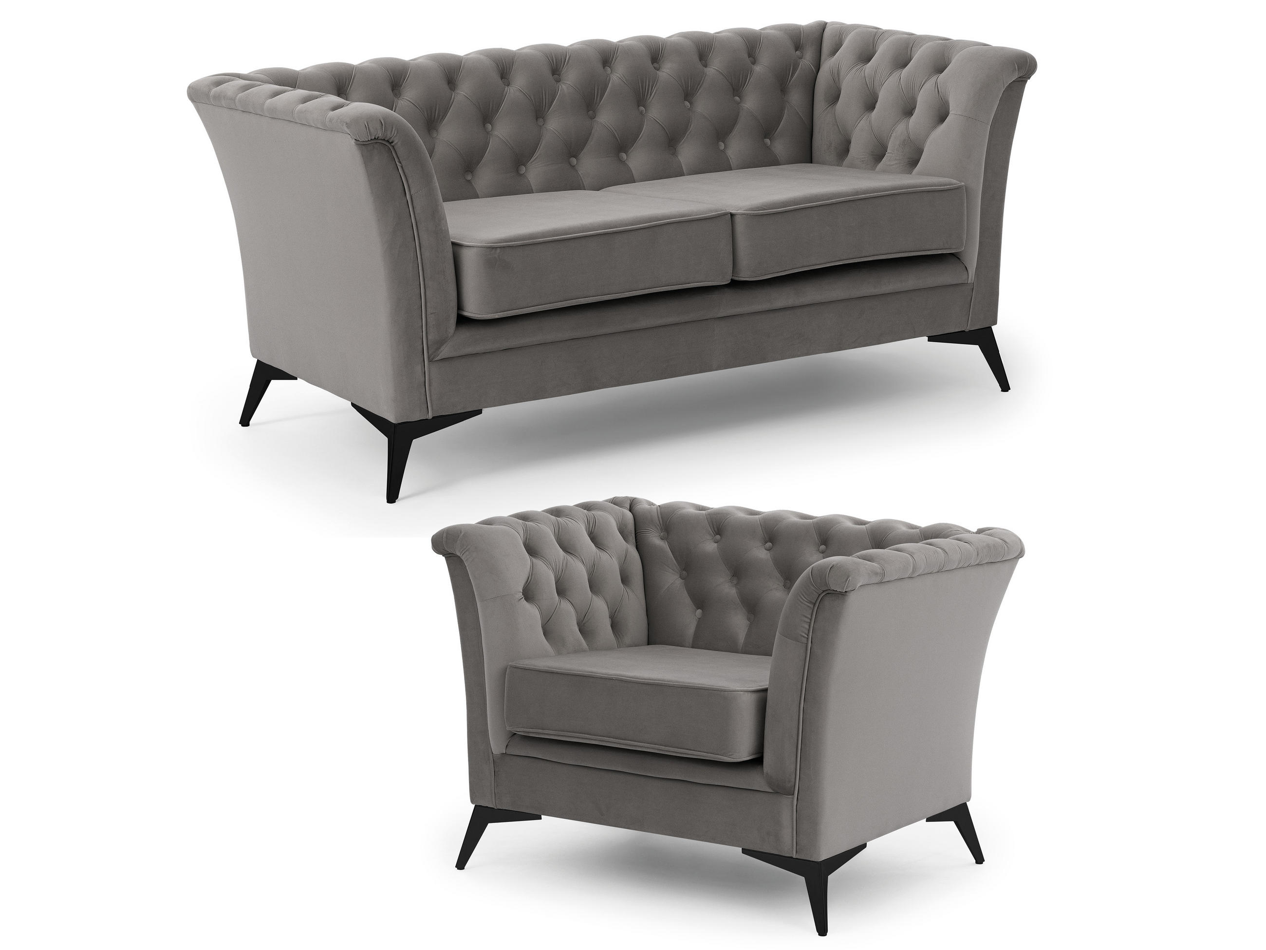 SITZGARNITUR 2+1 Chesterfield Whitby Grau Samt mit schwarzen Füßen - Schwarz/Grau, Holz/Textil (175/78/82cm) - S-Style Möbel