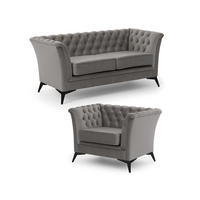 SITZGARNITUR 2+1 Chesterfield Whitby Grau Samt mit schwarzen Füßen - Schwarz/Grau, Holz/Textil (175/78/82cm) - S-Style Möbel