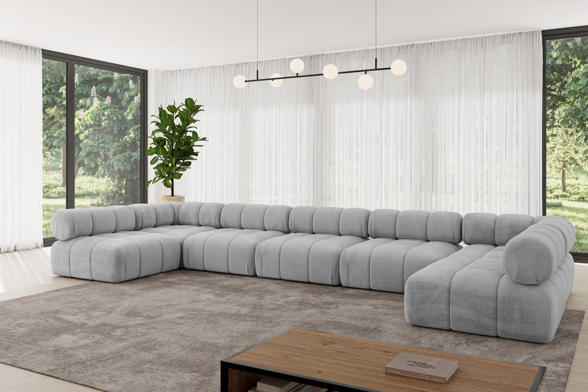 WOHNLANDSCHAFT modulares Sofa Garvo-U3 - 475x190x70 cm Hellgrau Velours - Hellgrau, Holzwerkstoff/Textil (475/70/190cm) - ALTDECOR