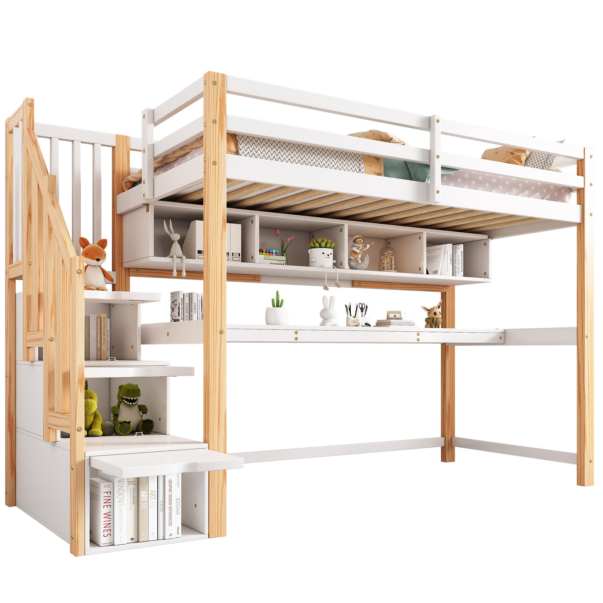 KINDERHOCHBETT Kinderbett Schreibtisch Regale Natur Weiß - Multicolor, Holzwerkstoff (90/200cm) - FLIEKS